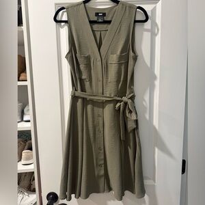 DKNY Olive Sleeveless Button-Front Midi Dress with Tie Waist